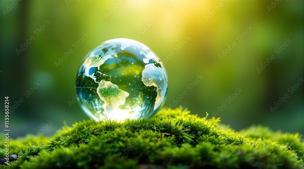 A Crystal Globe Representing Our Earth Rests Gently on a Lush Bed of Vibrant Green Moss, Bathed in Soft Sunlight A Crystal Globe Representing Our Earth Rests Gently on a Lush Bed of Vibrant Green Moss, Bathed in Soft Sunlight