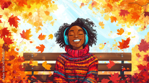 Black woman enjoying music on a park bench, wearing colorful headphones