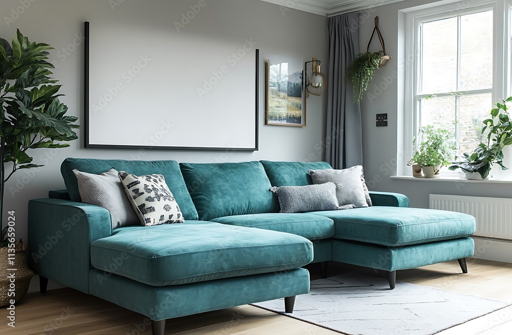 Teal velvet L-shaped sectional sofa in modern living room with large framed artwork, plants, and natural light. Teal velvet L-shaped sectional sofa in modern living room with large framed artwork, plants, and natural light.