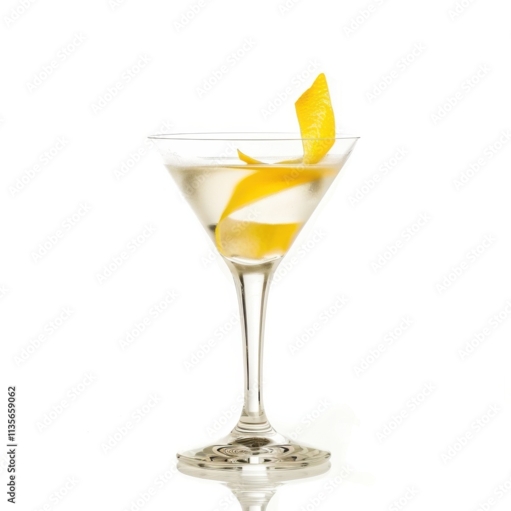 A sophisticated martini with a twist of lemon peel floating on its surface, against an isolated white background, surrealism art style A sophisticated martini with a twist of lemon peel floating on its surface, against an isolated white background, surrealism art style