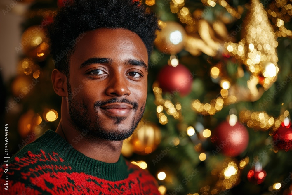 Portrait of an African American man with short curly hair, dressed in a red and green Christmas jumper, standing near a Christmas tree adorned with gold baubles and garlands, soft lighting, copy space Portrait of an African American man with short curly hair, dressed in a red and green Christmas jumper, standing near a Christmas tree adorned with gold baubles and garlands, soft lighting, copy space