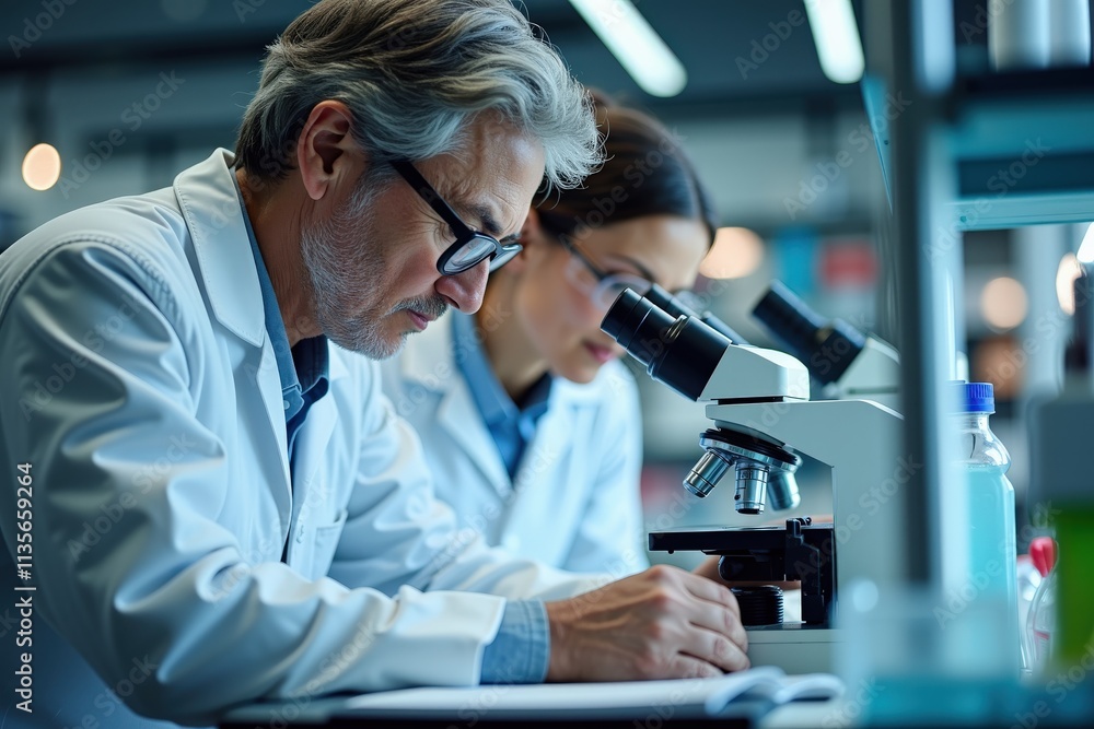 Focused Scientists in Lab Coats Examining Microscope Slides in Modern Research Facility Focused Scientists in Lab Coats Examining Microscope Slides in Modern Research Facility