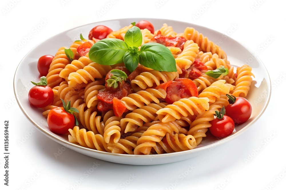 Pasta With Pesto and Roasted Tomatoes Isolated on White Pasta With Pesto and Roasted Tomatoes Isolated on White