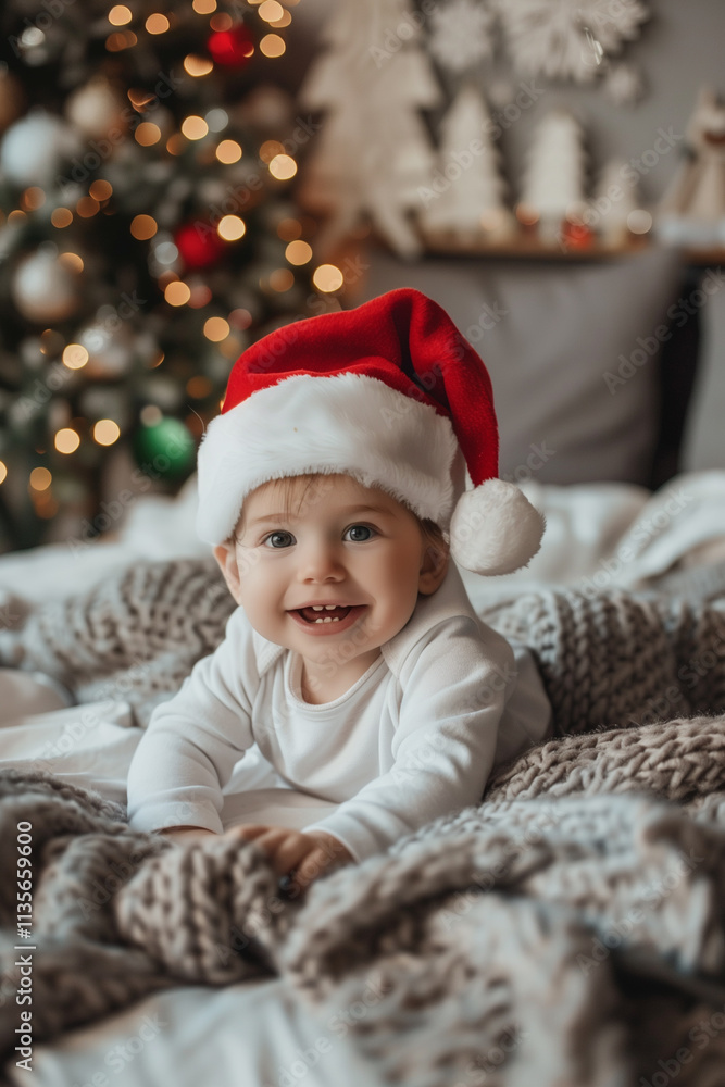Adorable christmas child smiling in santa hat, captured at home Adorable christmas child smiling in santa hat, captured at home