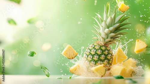 Whole fresh pineapple and sliced pineapple floating with water splash on blurry green natural background photo