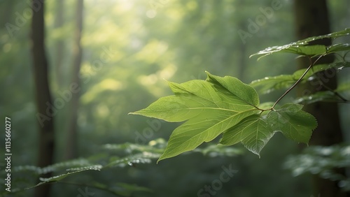 In a lush forest, vibrant green leaves stretch high above, catching the sunlight in a beautiful dance of light and shadow. The trees stand tall, their branches intertwined, creating a natural canopy t