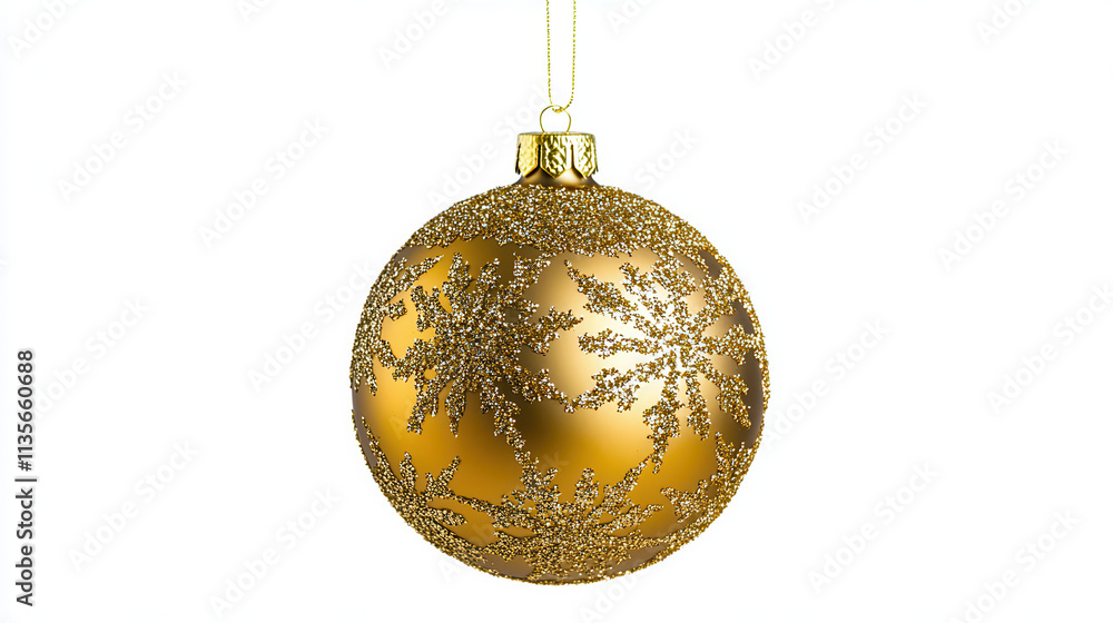 A glittering golden Christmas ornament with a metallic sheen, featuring intricate etched snowflake patterns, hanging on a thin golden thread. The white background perfectly isolates the subject A glittering golden Christmas ornament with a metallic sheen, featuring intricate etched snowflake patterns, hanging on a thin golden thread. The white background perfectly isolates the subject
