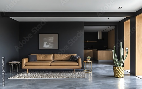 Wallpaper Mural Modern living room with tan leather sofa, dark walls, wooden kitchen, and cactus plant. Torontodigital.ca