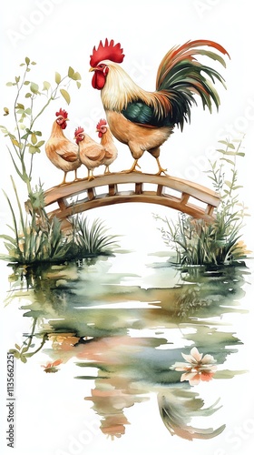 Colorful rooster and chicks on a bridge over calm water, white isolate background. photo