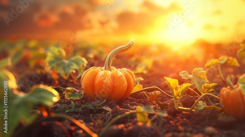 Sunset Harvest: Vibrant Pumpkins in Fall Field - Thanksgiving and Autumn Background photo