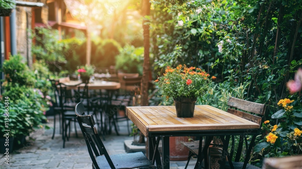 Obraz premium A charming restaurant patio with outdoor seating and a garden view.