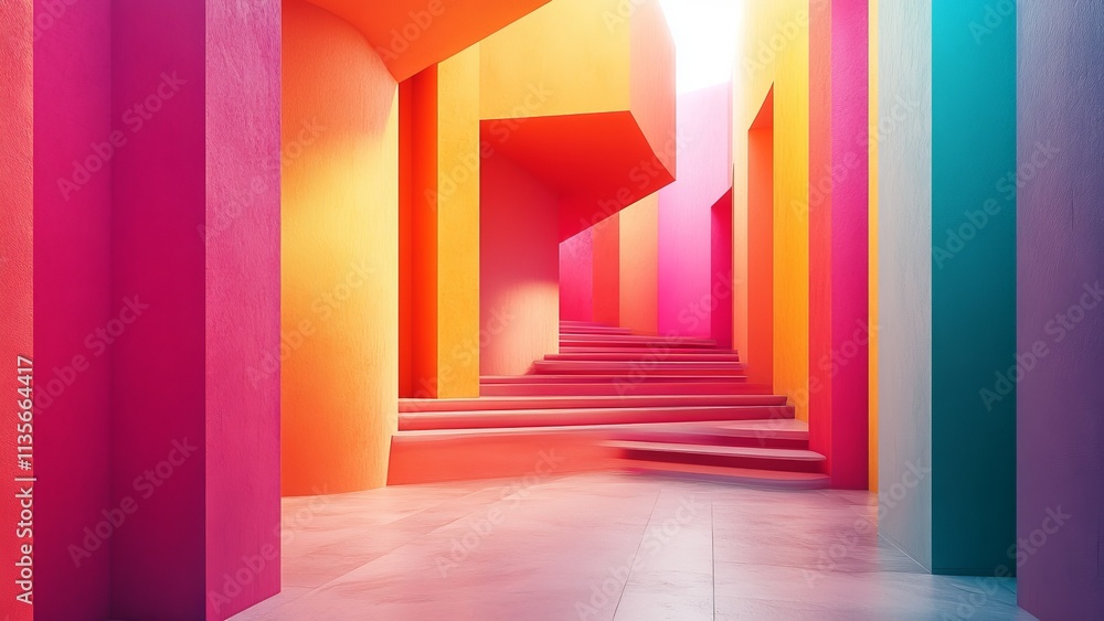 Colorful geometric staircase in vibrant architectural space Colorful geometric staircase in vibrant architectural space