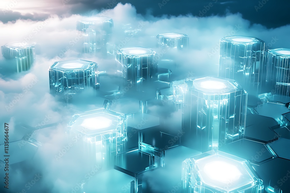 Futuristic abstract blue background with ice and cubes, symbolizing global digital communication and network connection Futuristic abstract blue background with ice and cubes, symbolizing global digital communication and network connection
