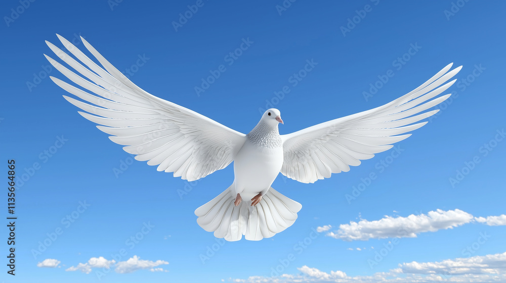 Fototapeta premium White dove flying against blue sky with white clouds, symbolizing peace, hope, and freedom. 