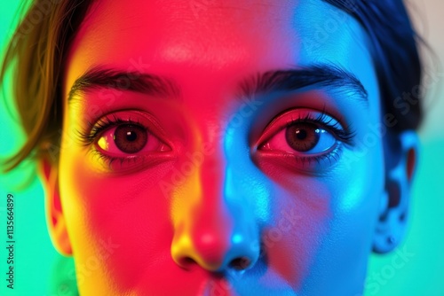 Captivating Close-Up Portrait of a Woman's Face with Neon Blue and Red Lighting, Perfect for Advertising, Social Media, and Artistic Projects