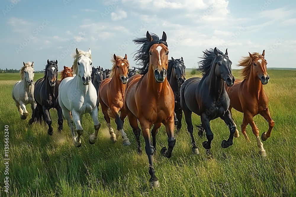 Herd of bay chestnut horses running through a green field bright summer sunlight and blue sky vibrant motion Herd of bay chestnut horses running through a green field bright summer sunlight and blue sky vibrant motion