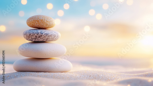 Zen stones are balanced in a peaceful arrangement on a sandy beach, illuminated by a soft sunset glow. photo