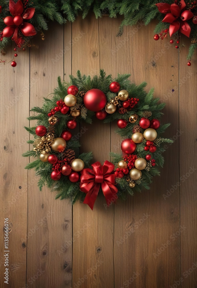 Close up of festive Christmas wreath hanging on wooden wall with red and gold baubles and greenery, Christmas, gold Close up of festive Christmas wreath hanging on wooden wall with red and gold baubles and greenery, Christmas, gold