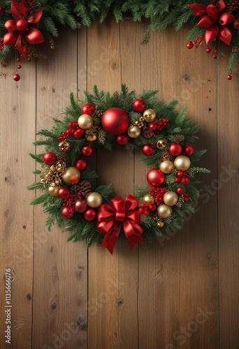 Close up of festive Christmas wreath hanging on wooden wall with red and gold baubles and greenery, Christmas, gold photo