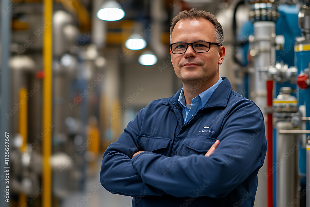 Professional man in blue jacket stands confidently in industrial setting Professional man in blue jacket stands confidently in industrial setting