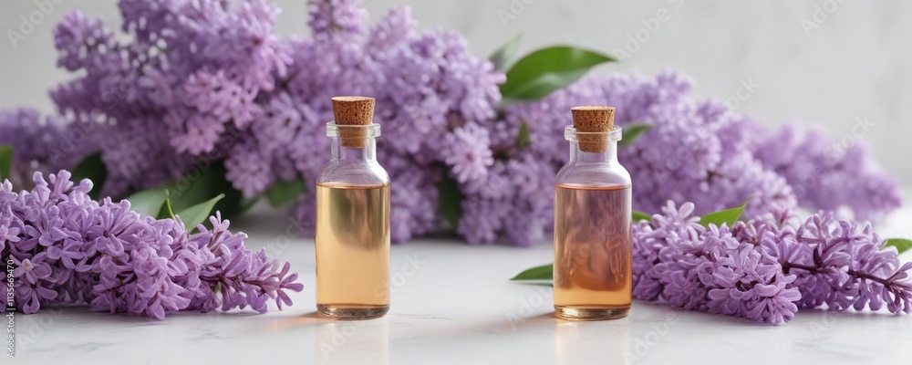Lilac flowers and essential oil bottle arrangement on white surface, aromatherapy, flowers, spa concept Lilac flowers and essential oil bottle arrangement on white surface, aromatherapy, flowers, spa concept