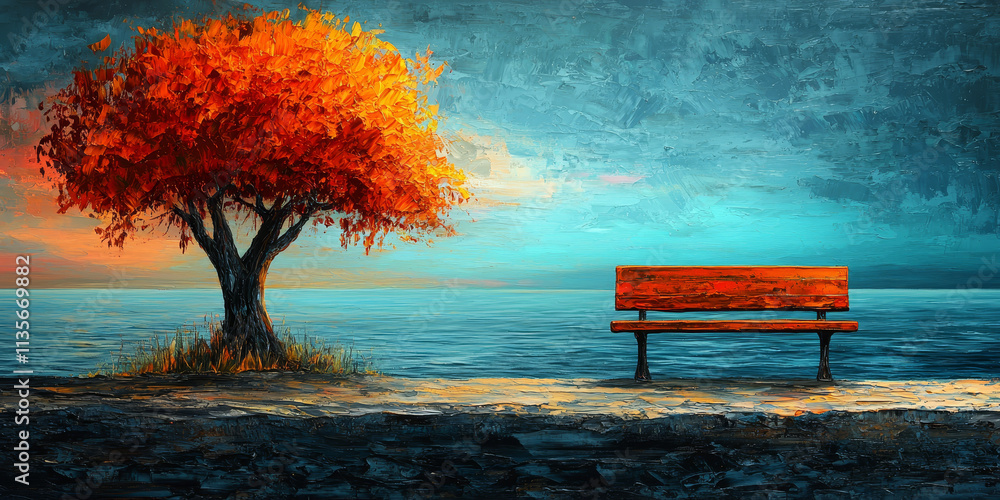 Obraz premium Autumn Tree and Bench by the Water
