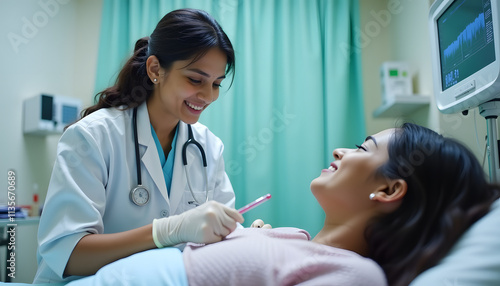A young Indian female doctor caring for a patient in a hospital
