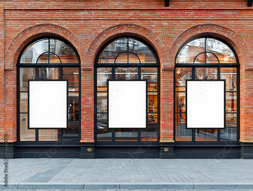 Three Blank White Signs in Arched Windows of a Brick Building: Perfect for Advertising or Mockups photo