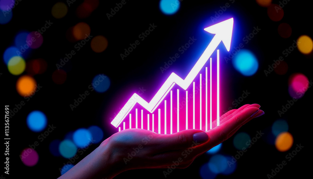 A hand holding an upward-trending graph on a dark background with an upward-pointing arrow, signifying development and advancement in the financial or commercial sectors A hand holding an upward-trending graph on a dark background with an upward-pointing arrow, signifying development and advancement in the financial or commercial sectors