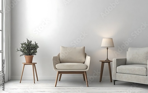 Wallpaper Mural Minimalist living room with armchair, side table, lamp, and plant. Torontodigital.ca