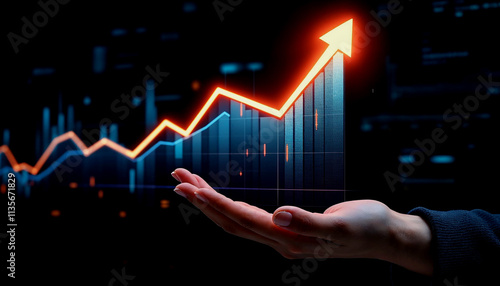 A hand holding an upward-trending graph on a dark background with an upward-pointing arrow, signifying development and advancement in the financial or commercial sectors