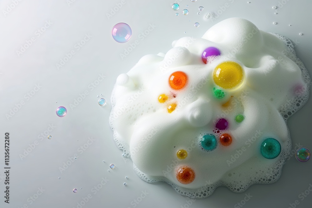 Captivating Soap Foam Interlaced with Colorful Bubbles on Pristine Surface