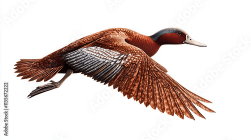 An artistic rendering of a deep crimson duck with streaks of silver along its wings, caught mid-flight, with dynamic feather detailing photo