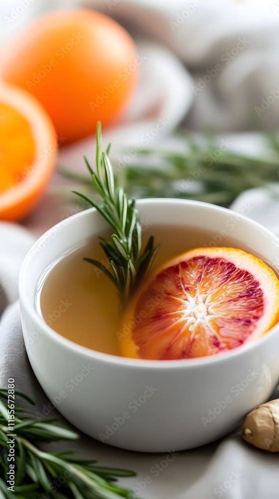 A bowl of herbal tea with blood orange slice and rosemary, surrounded by fresh oranges. A bowl of herbal tea with blood orange slice and rosemary, surrounded by fresh oranges.