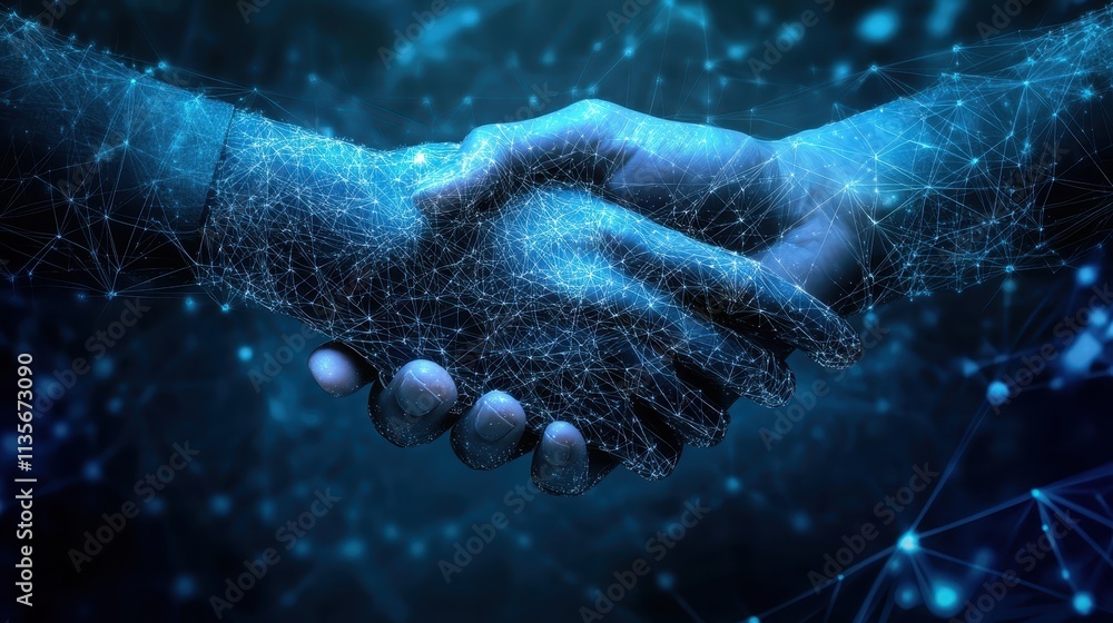 Fototapeta premium A hand is shaking another hand in a blue background