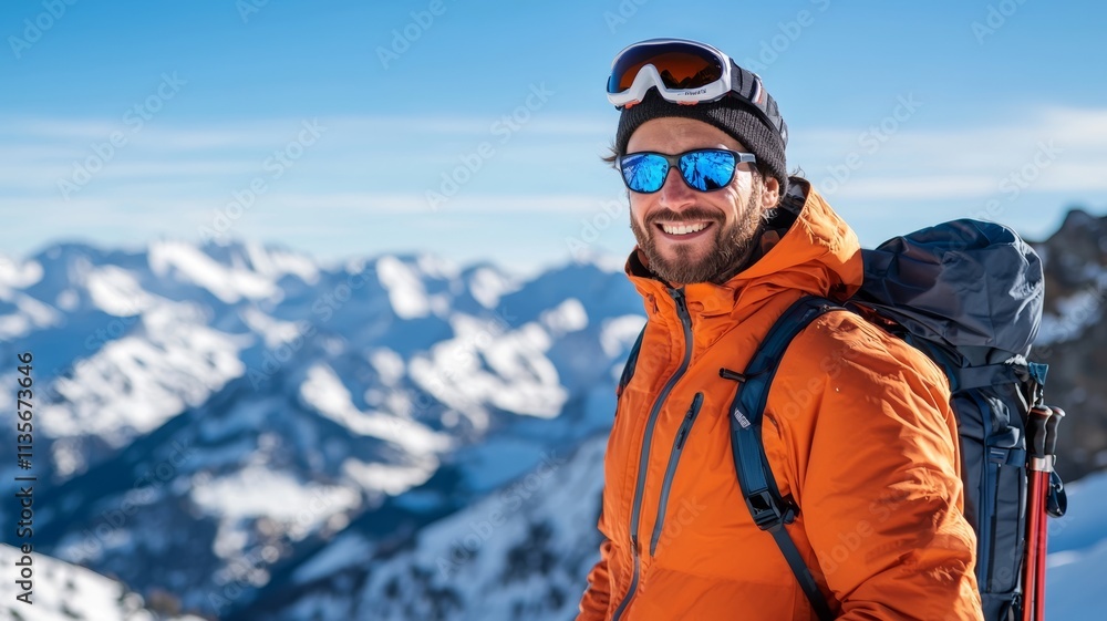 Smiling man in orange jacket enjoys a winter day in the mountains with snow-capped peaks around him Smiling man in orange jacket enjoys a winter day in the mountains with snow-capped peaks around him
