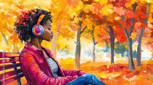 Black woman enjoying music on a park bench, wearing colorful headphones