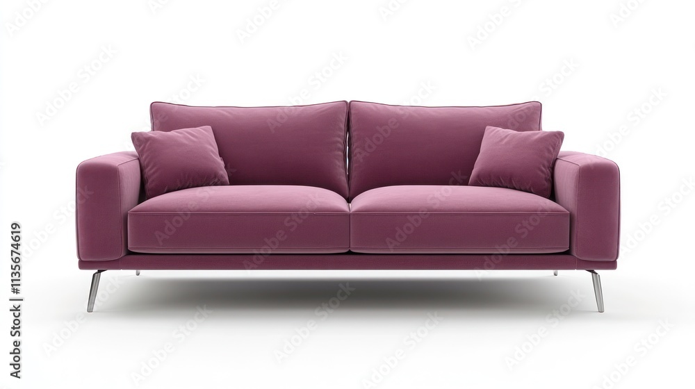 Modern mauve velvet sofa with two cushions on white background. Modern mauve velvet sofa with two cushions on white background.