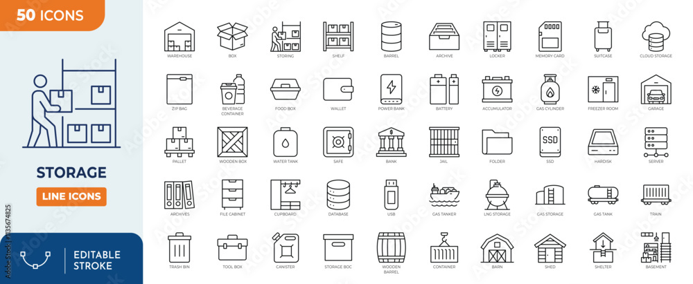 Storage line editable icon set. Containing warehouse, box, database, inventory, container, shelf, archive and more. Vector illustration Storage line editable icon set. Containing warehouse, box, database, inventory, container, shelf, archive and more. Vector illustration