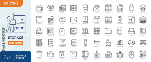 Storage line editable icon set. Containing warehouse, box, database,  inventory, container, shelf, archive and more. Vector illustration