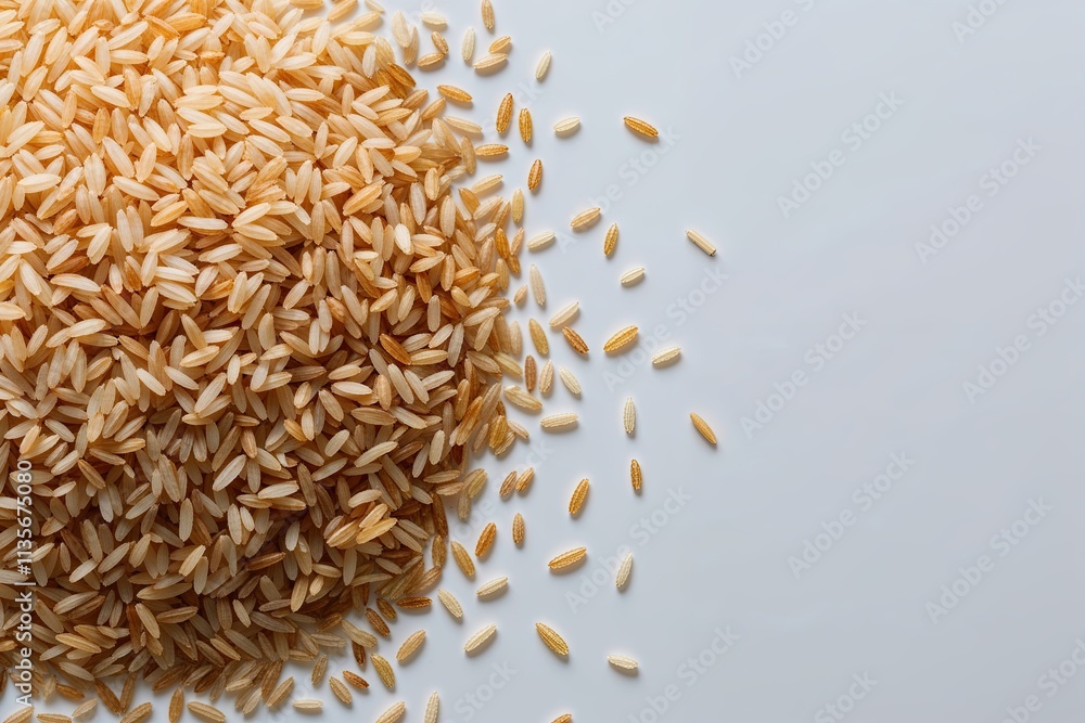 Macro Closeup of Brown Rice Drifting on a White Background Macro Closeup of Brown Rice Drifting on a White Background