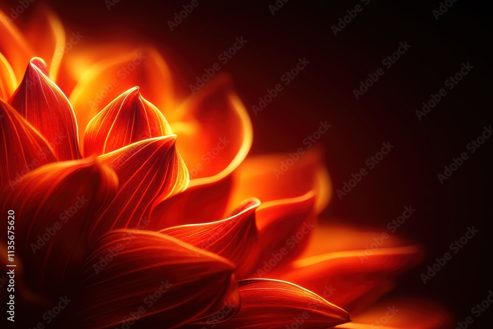 Obraz premium A close-up of a vibrant, glowing orange flower petal, highlighting intricate textures and warm colors against a dark background.