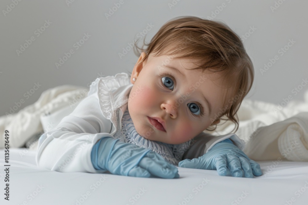 Doctor hand in rubber protective gloves putting cotton pad on baby shoulder after syringe injection of vaccine. Children vaccination concept Doctor hand in rubber protective gloves putting cotton pad on baby shoulder after syringe injection of vaccine. Children vaccination concept