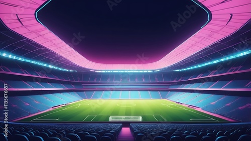 Futuristic Stadium Night Game Empty Seats Green Field