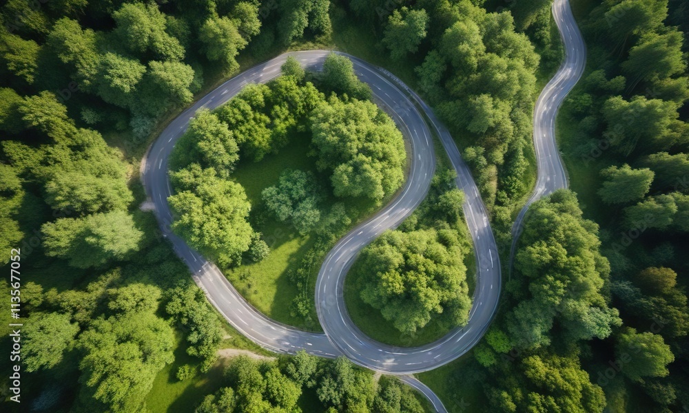 Aerial view of green trees and winding road in natural setting, foliage, environmental protection, outdoor exploration Aerial view of green trees and winding road in natural setting, foliage, environmental protection, outdoor exploration