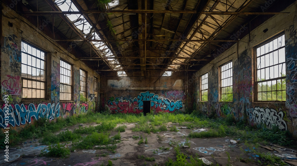 An abandoned industrial warehouse covered in graffiti and overgrown vines.
An abandoned industrial warehouse covered in graffiti and overgrown vines.