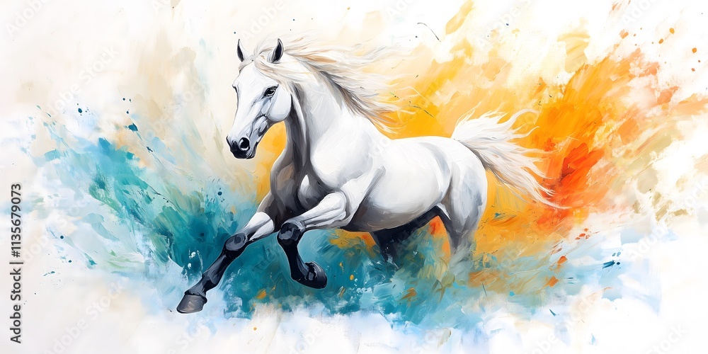 Naklejka premium A powerful stallion races across a vivid backdrop of orange and blue splashes. The horse's mane flows gracefully, creating a sense of wild energy and beauty in motion.