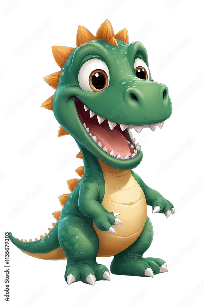 Fototapeta premium Cute green & yellow dinosaur. smiling big. on white bg; great for kids to download and print.