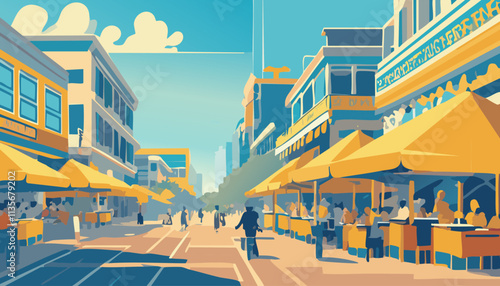 City street with cafes and restaurants. Vector illustration in flat style.