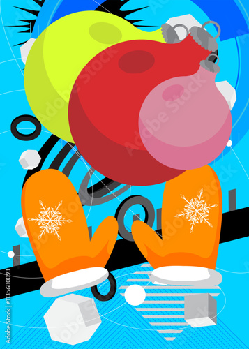 Mitten Glove and Christmas decoration ball geometrical graphic retro theme background. Minimal geometric elements. Vintage abstract shapes vector illustration.